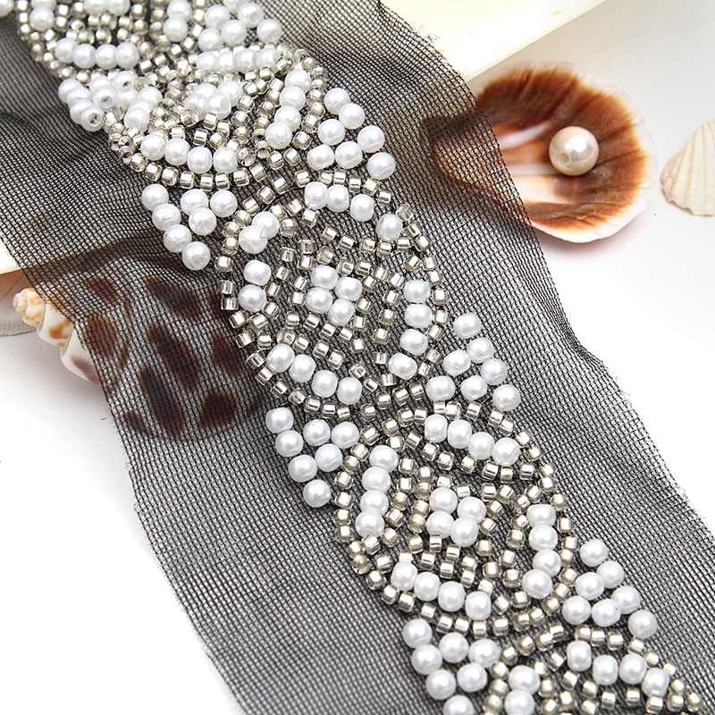 Wholesale Embroidery beaded lace trim 7.1 cm Mesh fabric lace trims beautiful Accessories for dress 3D wedding Designer