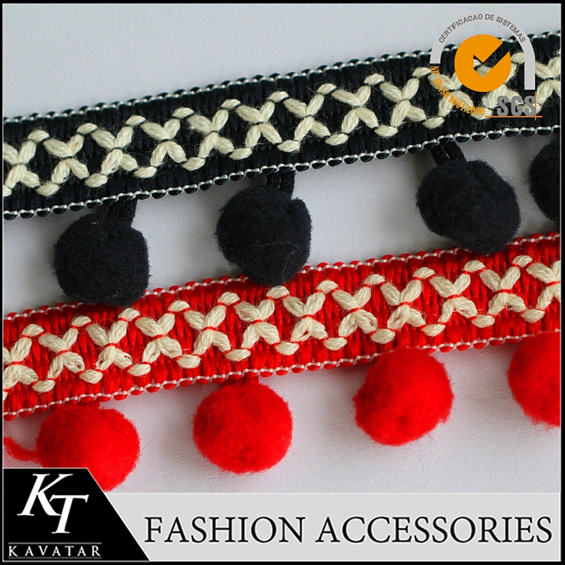 Red cotton pompom fringe trim for garments decoration