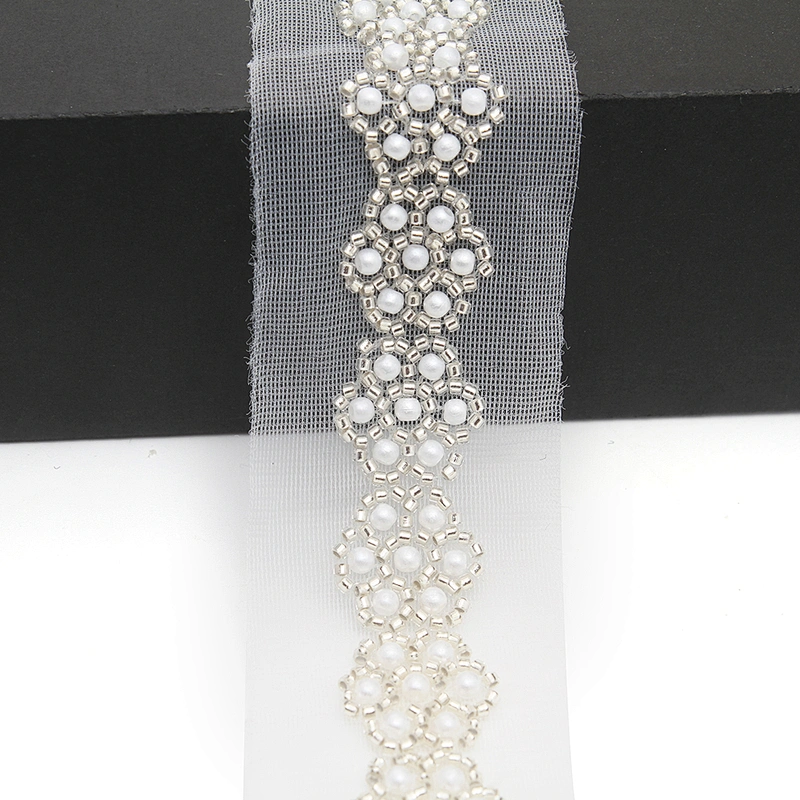Wholesale Embroidery beaded lace trim 4.7 cm Mesh fabric lace trims beautiful White Accessories for dress 3D wedding Designer