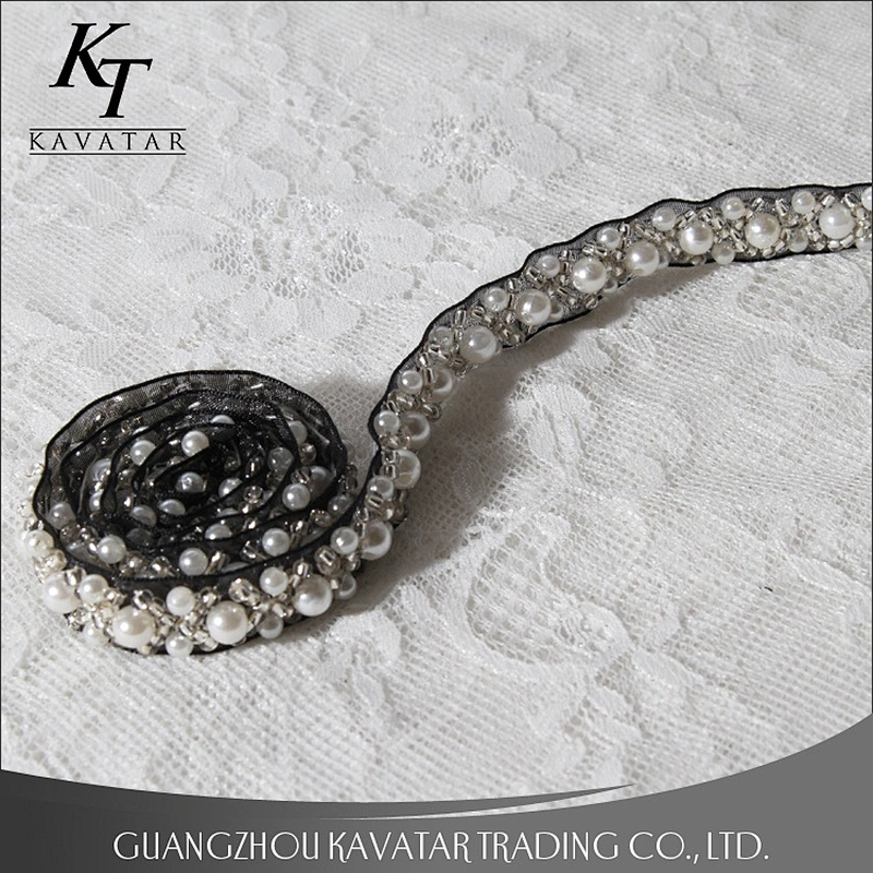 Fashion Beaded Pearls Cross-over Design Lace Trim For Wedding Dress