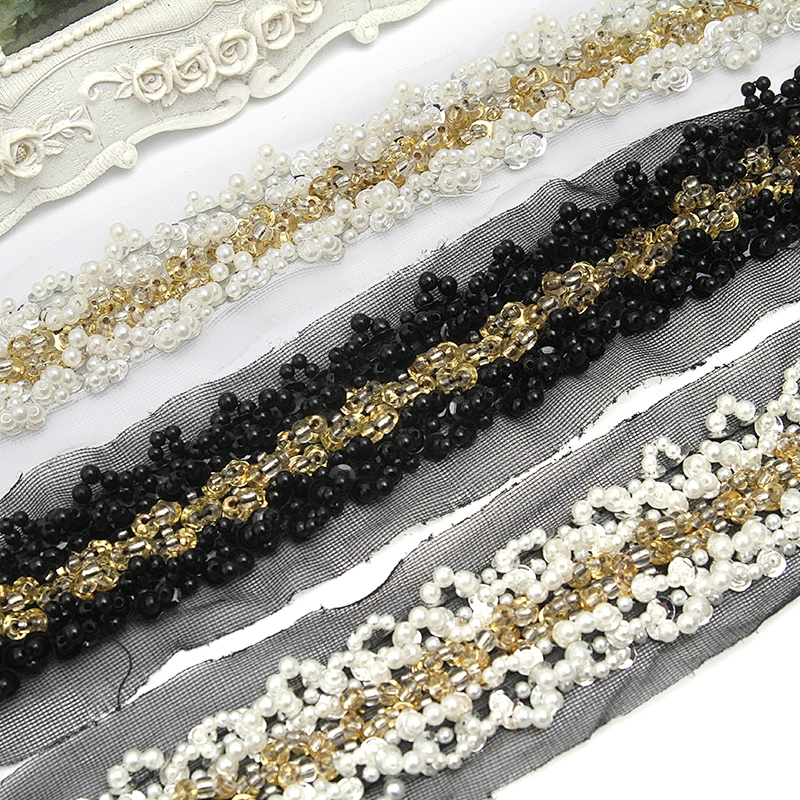 kavatar  wholesale new Handmade Bead lace Embroidered Tulle Trim wedding with Accessories Beads Rhinestones