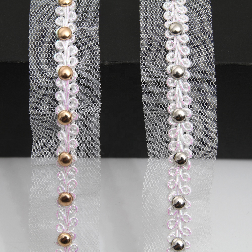 Wholesale 2.5cm Size Studs trim ribbon diy handmade costume dress sewing bead lace trim Design Rivets Sequins Trims