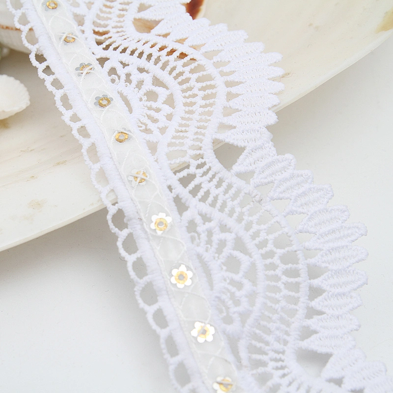 Wholesale sequins Lace Trim Water soluble lace white bridal lace trim Embroidery Sequin Tape For Dress cheap