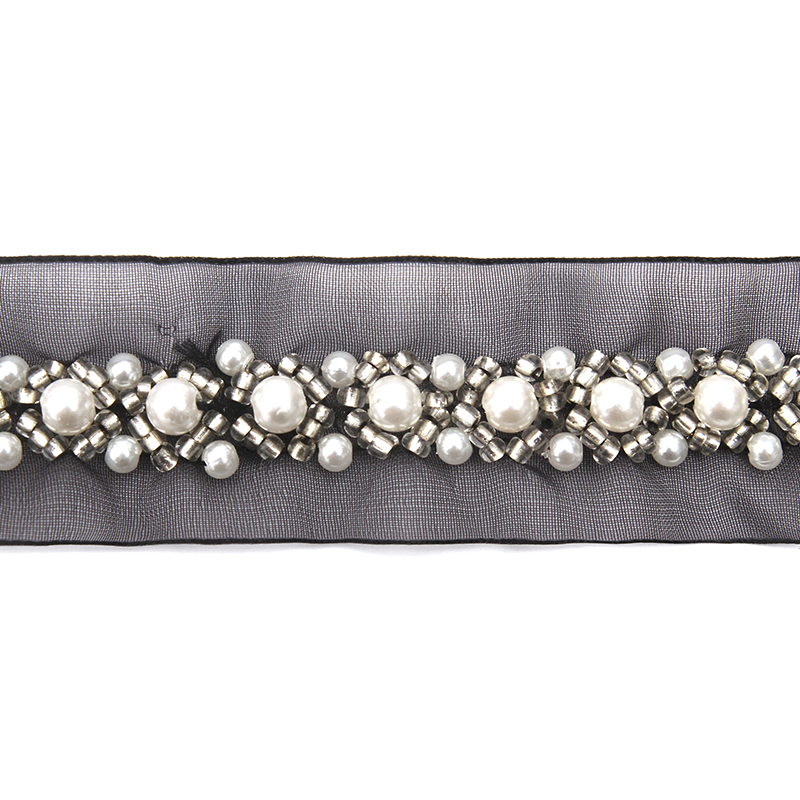 Hand Embroidered kavatar Tulle Trim with Accessories Beads Crystals & Rhinestones