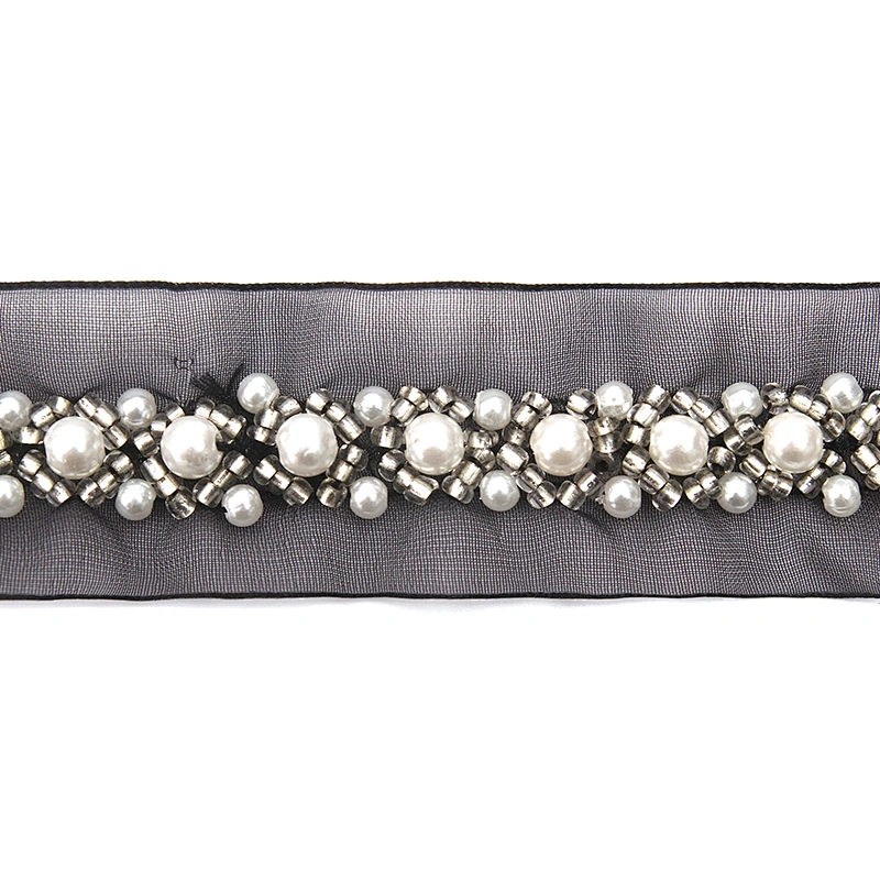 Hand Embroidered kavatar Tulle Trim with Accessories Beads Crystals & Rhinestones