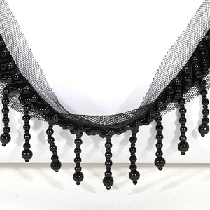 Black 4.5cm Short Plastic Beads Fringe Trim with Mesh Lace Border Backing