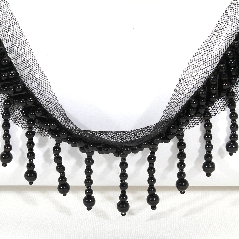 Black 4.5cm Short Plastic Beads Fringe Trim with Mesh Lace Border Backing