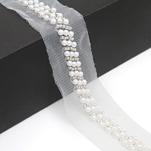 Wholesale Embroidery beaded lace trim 3.3 cm Mesh fabric lace trims beautiful White Accessories for dress 3D wedding Designer
