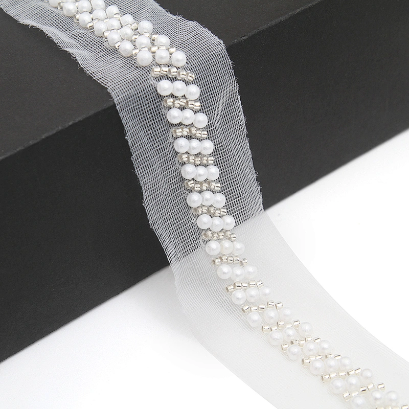 Wholesale Embroidery beaded lace trim 3.3 cm Mesh fabric lace trims beautiful White Accessories for dress 3D wedding Designer