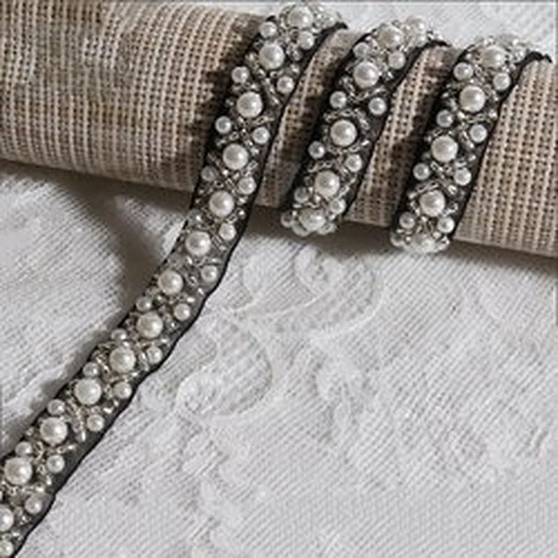 Fashion Beaded Pearls Cross-over Design Lace Trim For Wedding Dress