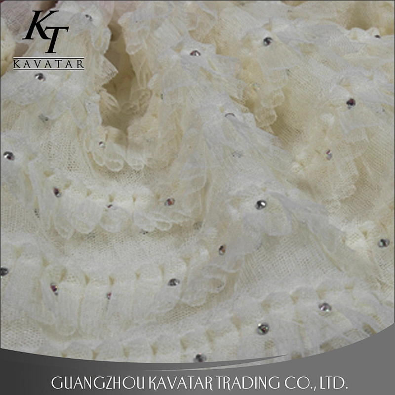 White mesh layers ruffle sequin lace fabric dress material