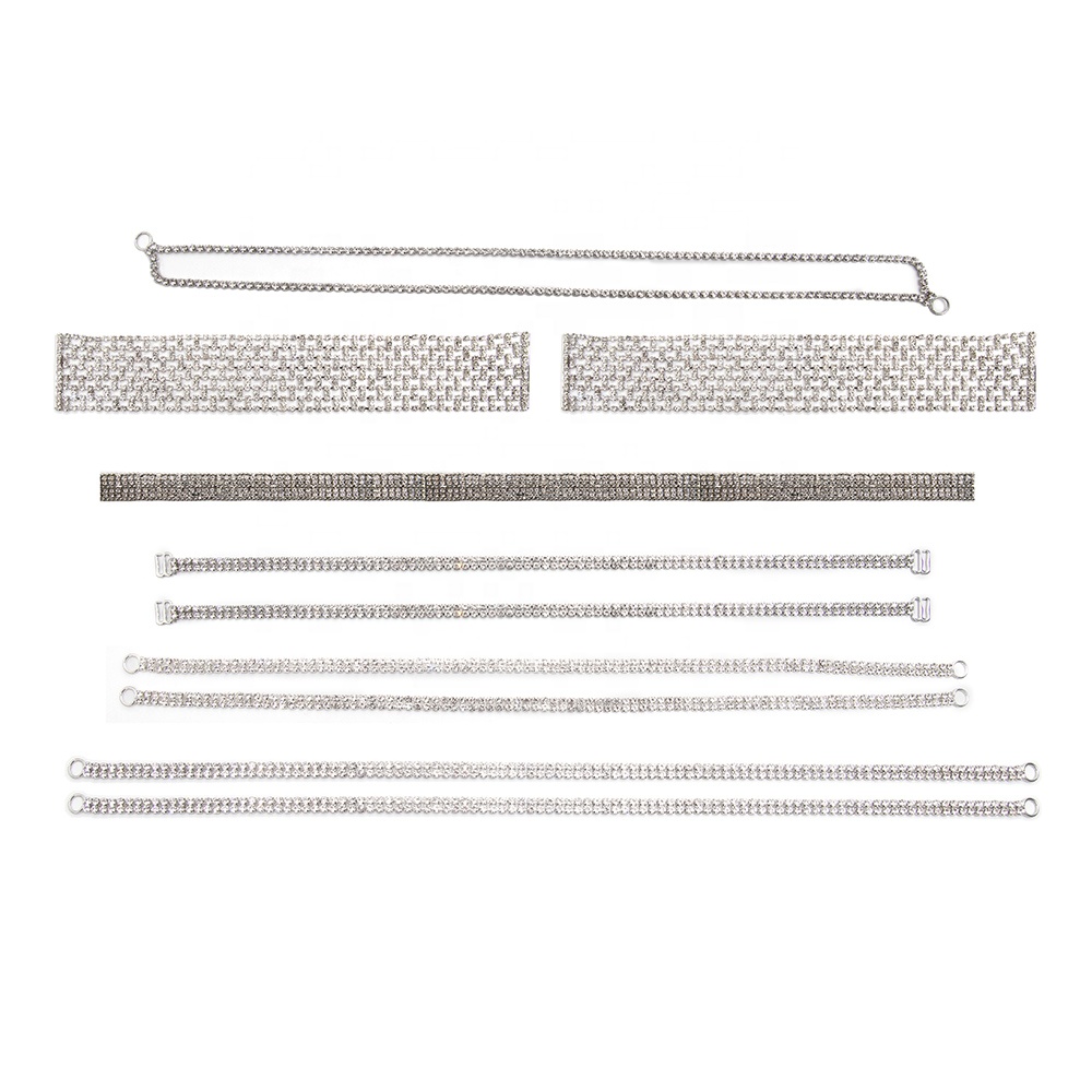 Wholesale Women Evening Party Dress Camisole  Plated Bikini Connector Rhinestone Chain Trim Bra Crystal Shoulder Strap