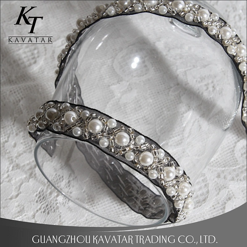 Fashion Beaded Pearls Cross-over Design Lace Trim For Wedding Dress