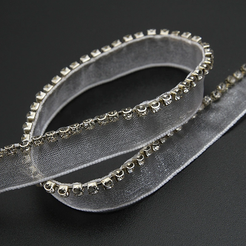 Wholesale Chain lace trim rhinestone 1.1 cm Sew-On lace trim Polyester net mesh Lace trimmings wedding for clothes  Accessories