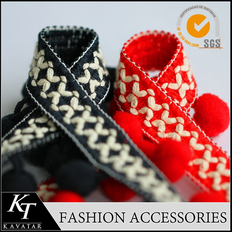 Red cotton pompom fringe trim for garments decoration