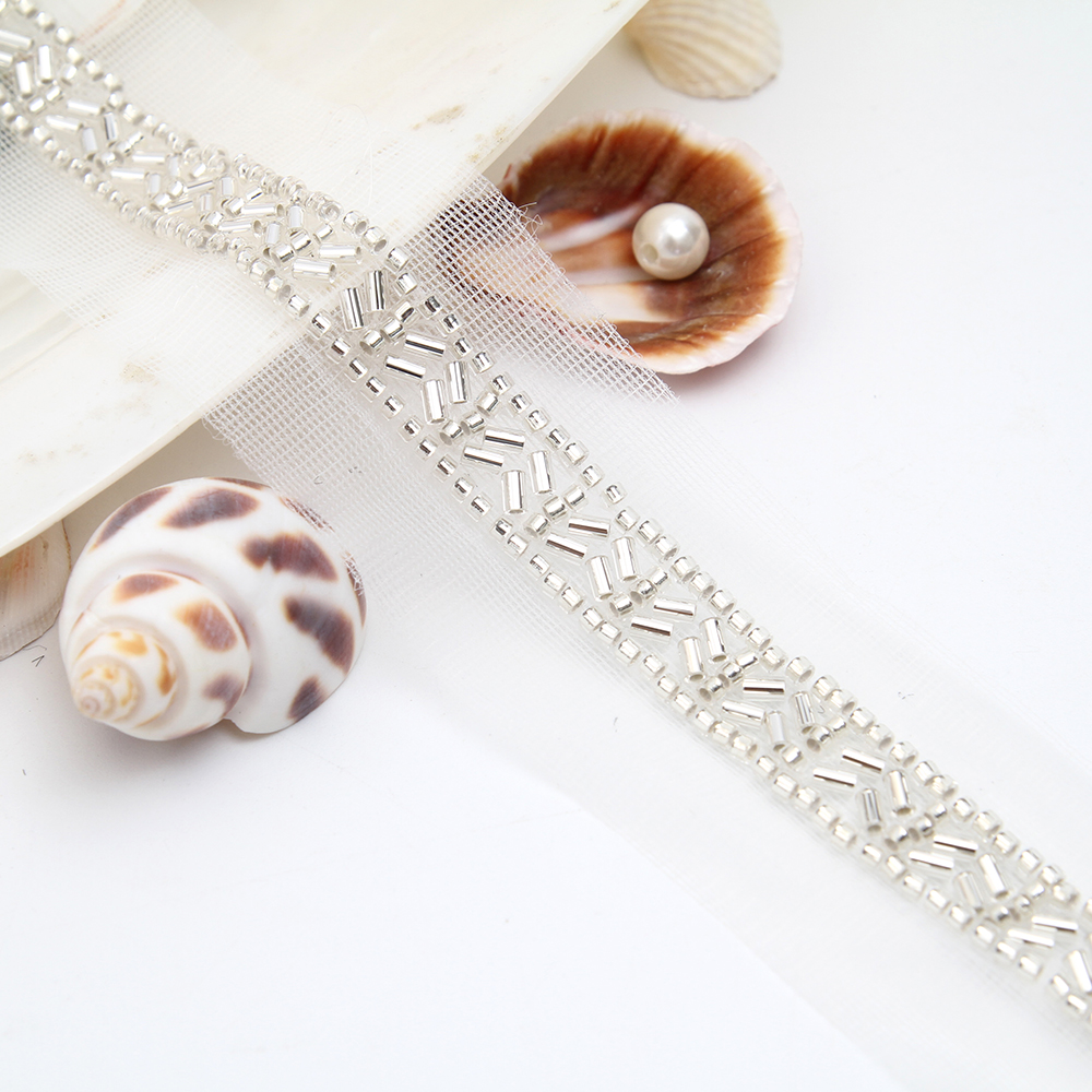 Wholesale Embroidery beaded lace trim 3.7 cm Mesh fabric lace trims beautiful White Accessories for dress 3D wedding Designer