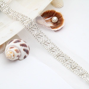 Wholesale Embroidery beaded lace trim 3.7 cm Mesh fabric lace trims beautiful White Accessories for dress 3D wedding Designer