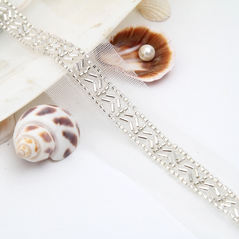 Wholesale Embroidery beaded lace trim 3.7 cm Mesh fabric lace trims beautiful White Accessories for dress 3D wedding Designer