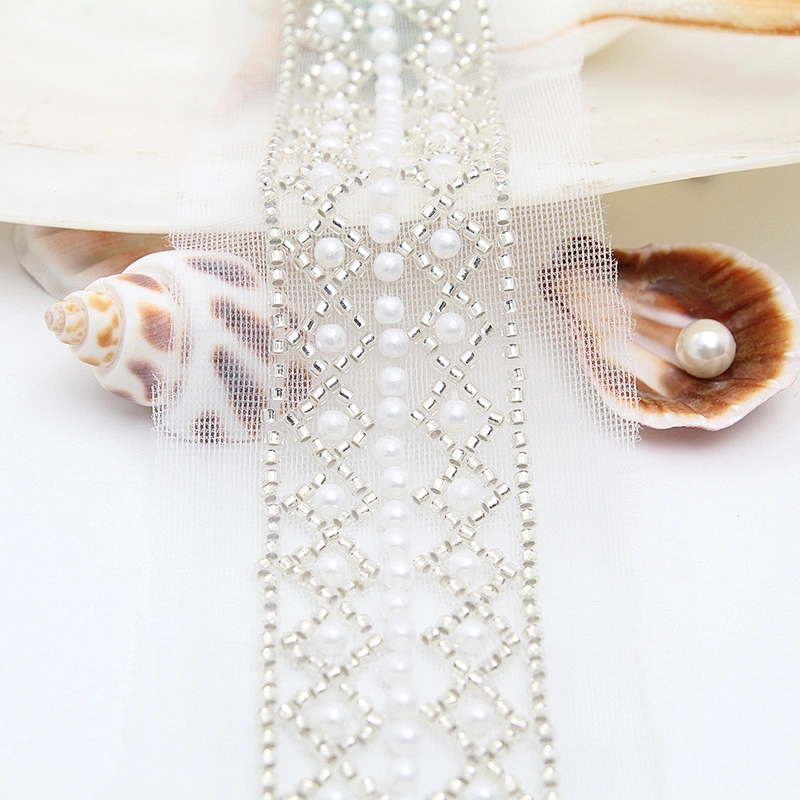 Wholesale Embroidery beaded lace trim 5.8 cm Mesh fabric lace trims beautiful White Accessories for dress 3D wedding Designer