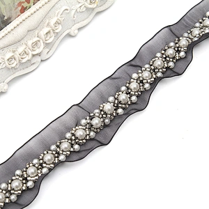 Hand Embroidered kavatar Tulle Trim with Accessories Beads Crystals & Rhinestones
