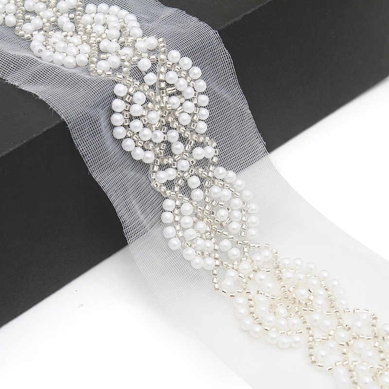 Wholesale Embroidery beaded lace trim 6.2 cm Mesh fabric lace trims beautiful White Accessories for dress 3D wedding Designer
