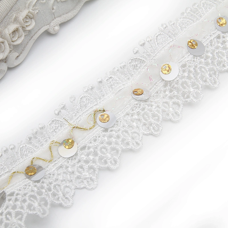 Wholesale sequins Lace Trim Water soluble lace white bridal lace trim Embroidery Sequin Tape For Dress cheap