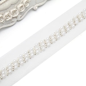 Wholesale Embroidery beaded lace trim 3.3 cm Mesh fabric lace trims beautiful White Accessories for dress 3D wedding Designer