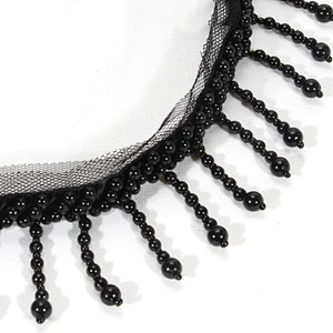 Black 4.5cm Short Plastic Beads Fringe Trim with Mesh Lace Border Backing