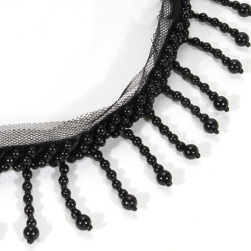Black 4.5cm Short Plastic Beads Fringe Trim with Mesh Lace Border Backing