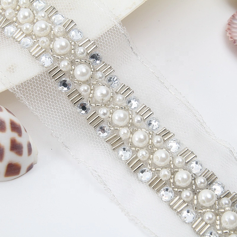 Bugle crystal black bead pearl heavy bead bridal sash  jewelry pearl beading luxury trim