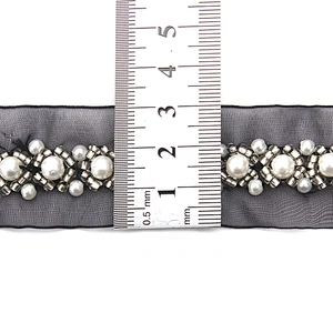 Hand Embroidered kavatar Tulle Trim with Accessories Beads Crystals & Rhinestones