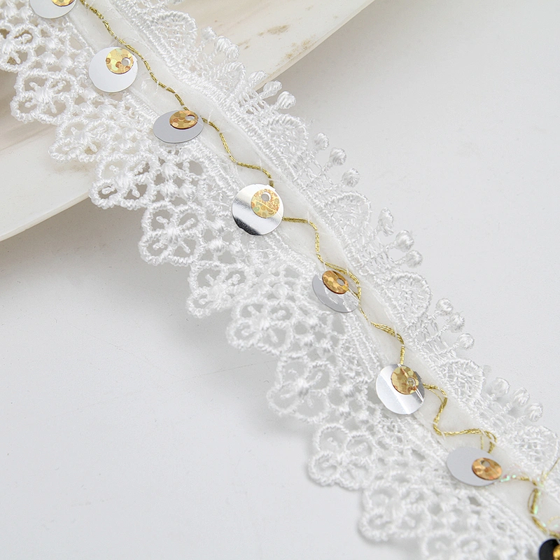 Wholesale sequins Lace Trim Water soluble lace white bridal lace trim Embroidery Sequin Tape For Dress cheap