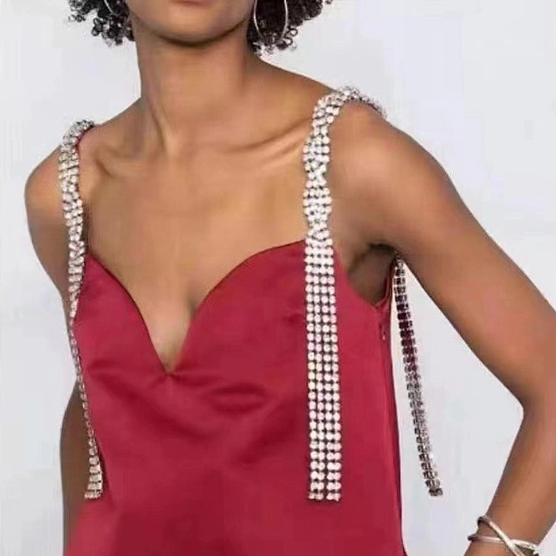 Wholesale Women Evening Party Dress Camisole  Plated tassel fringe alloy Rhinestone Chain Trim Bra Crystal Shoulder Strap