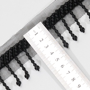 Black 4.5cm Short Plastic Beads Fringe Trim with Mesh Lace Border Backing