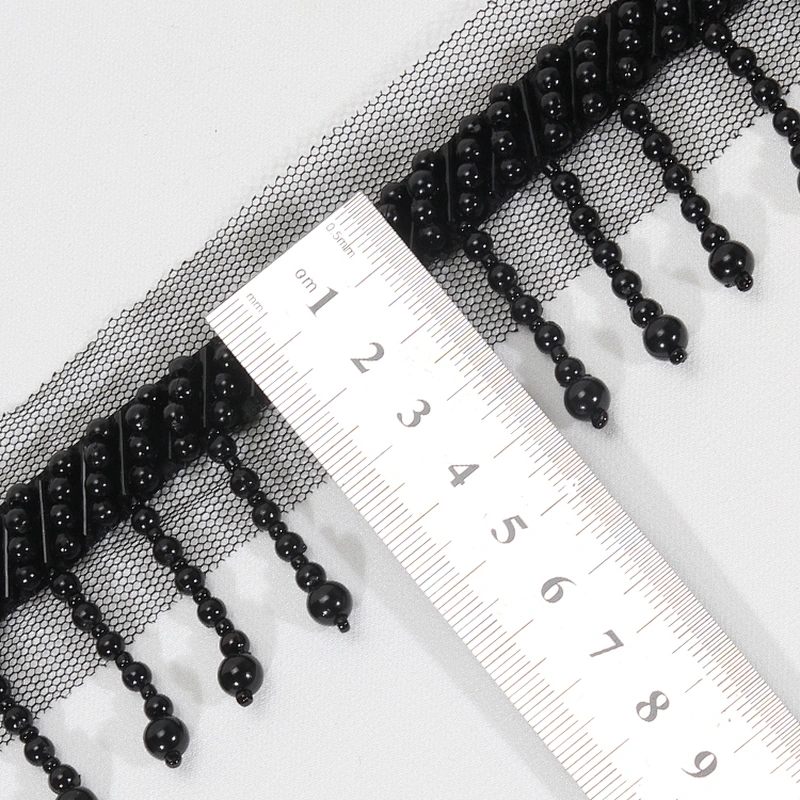 Black 4.5cm Short Plastic Beads Fringe Trim with Mesh Lace Border Backing