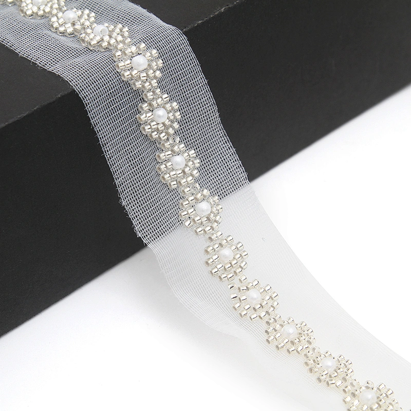 Wholesale Embroidery beaded lace trim 3.5 cm Mesh fabric lace trims beautiful White Accessories for dress 3D wedding Designer