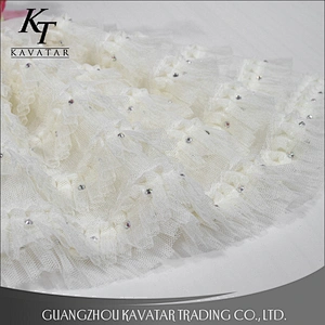 White mesh layers ruffle sequin lace fabric dress material