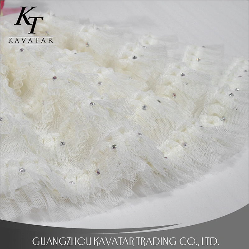 White mesh layers ruffle sequin lace fabric dress material