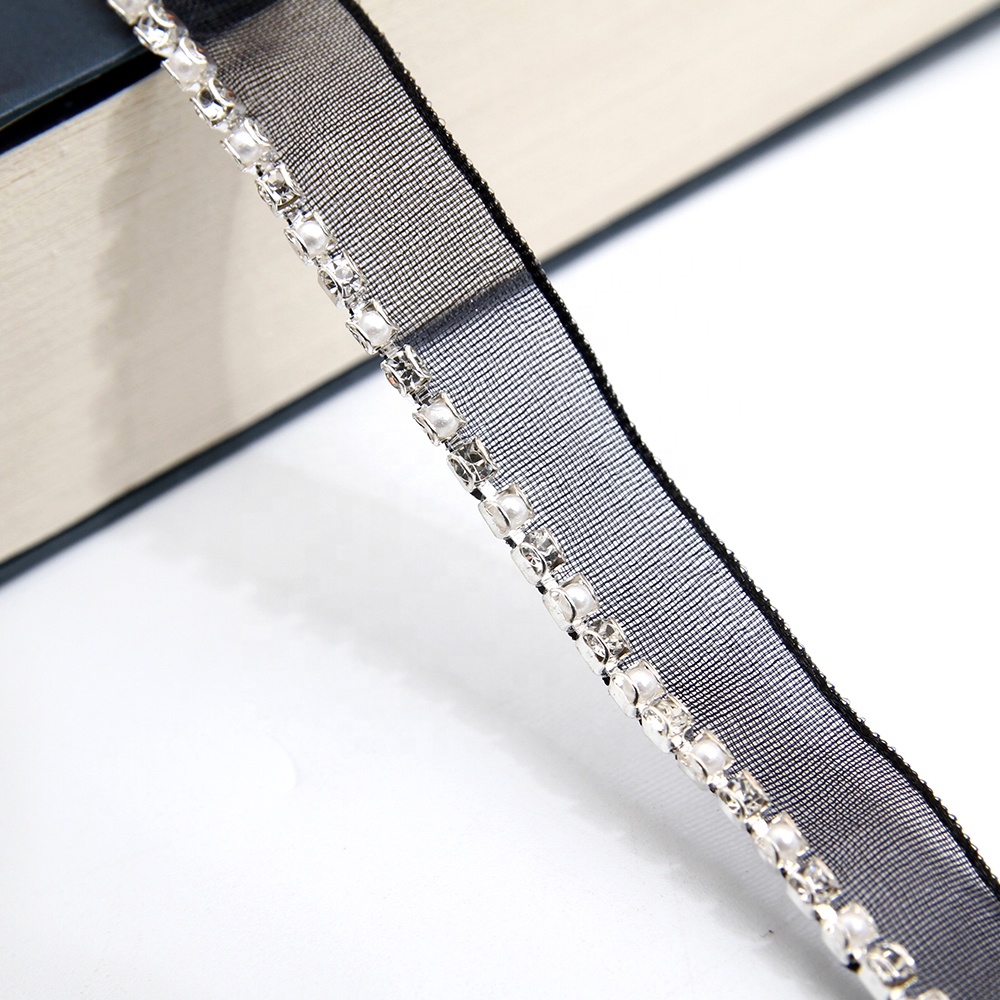 Wholesale Chain lace trim pearl rhinestone 1.1 cm Sew-On lace trim Polyester net mesh Lace trimmings for clothes  Accessories