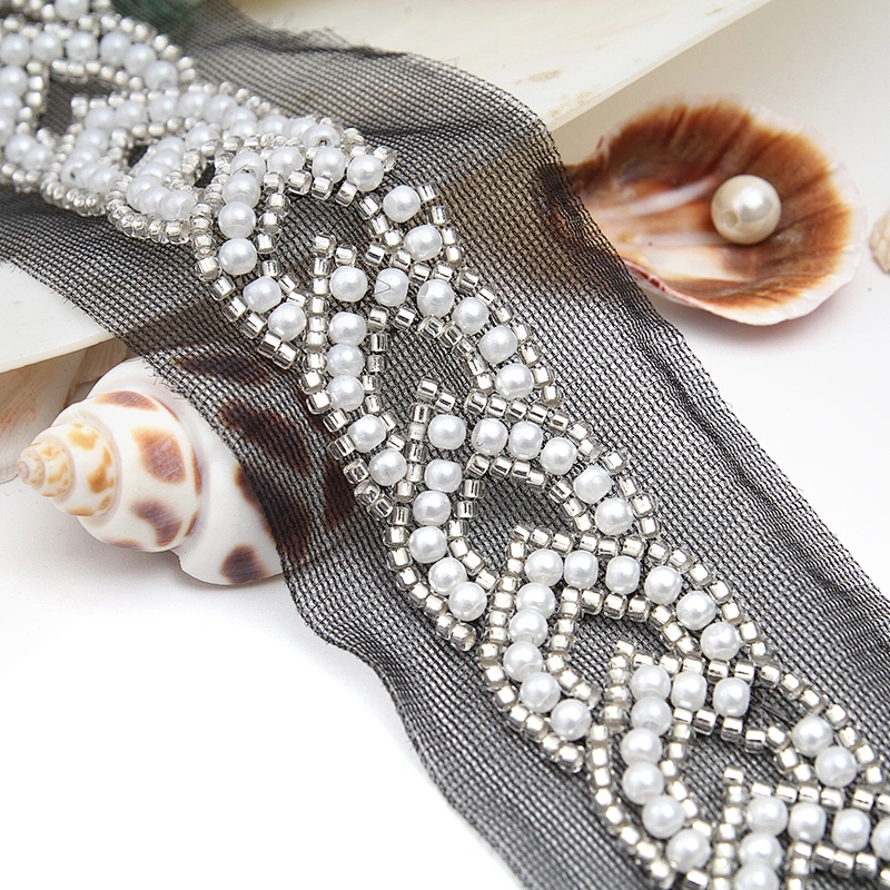 Wholesale Embroidery beaded lace trim 5.2 cm Mesh fabric lace trims beautiful Accessories for dress 3D wedding Designer