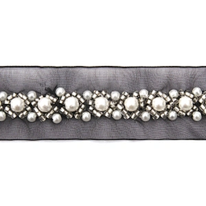 Hand Embroidered kavatar Tulle Trim with Accessories Beads Crystals & Rhinestones