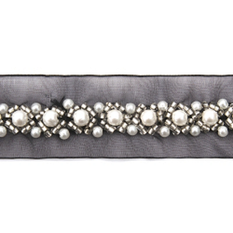 Hand Embroidered kavatar Tulle Trim with Accessories Beads Crystals & Rhinestones