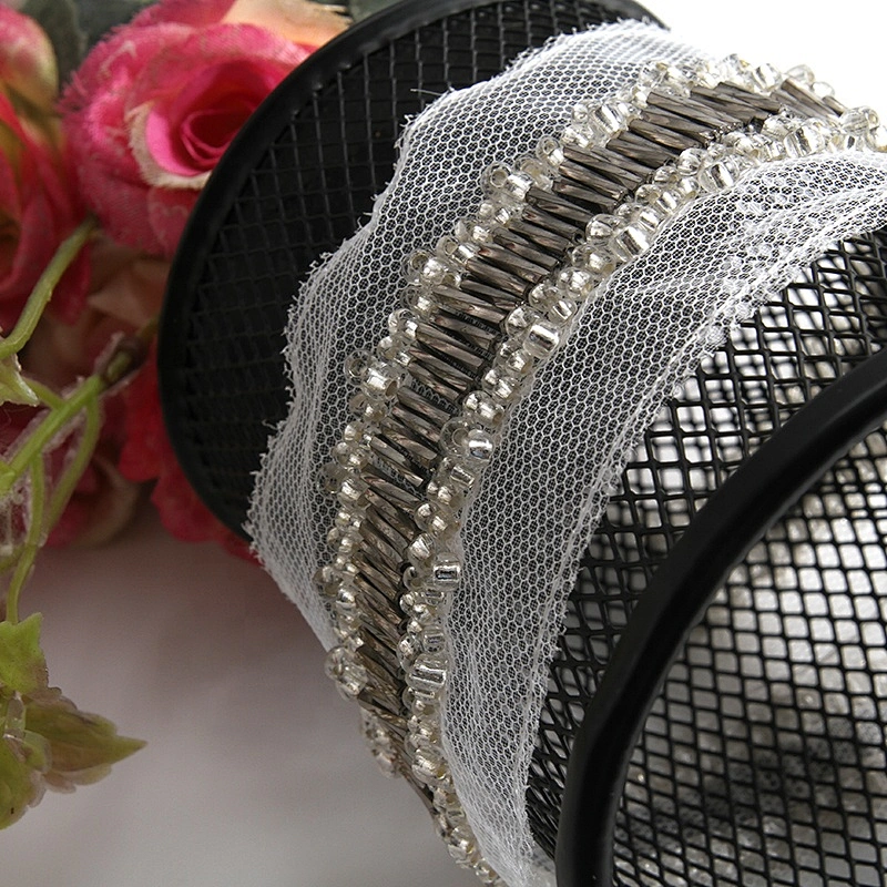 Fancy lace trim customize color glass tube lace beaded rhinestone lace trim
