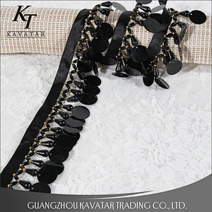Kavatar Black Plastic Beaded Tassel Fringe Garment Sequin Fringe Decorative For Dance Dress