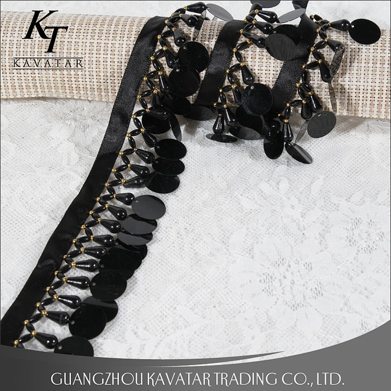 Kavatar Black Plastic Beaded Tassel Fringe Garment Sequin Fringe Decorative For Dance Dress
