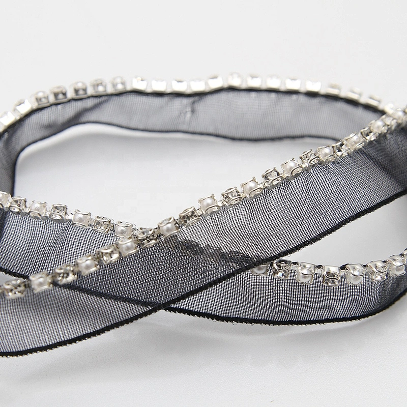 Wholesale Chain lace trim pearl rhinestone 1.1 cm Sew-On lace trim Polyester net mesh Lace trimmings for clothes  Accessories
