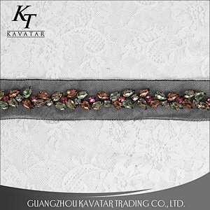 Multi-Colored Beaded Lace Trim, Rhinestone Beaded Trim Lace Tape, Beaded Trim On Mesh
