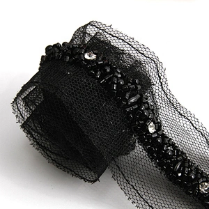 Wholesale black color glass crystal rhinestone lace embroidery beaded chain lace trimming