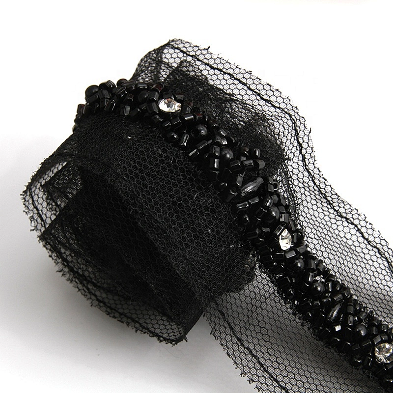 Wholesale black color glass crystal rhinestone lace embroidery beaded chain lace trimming