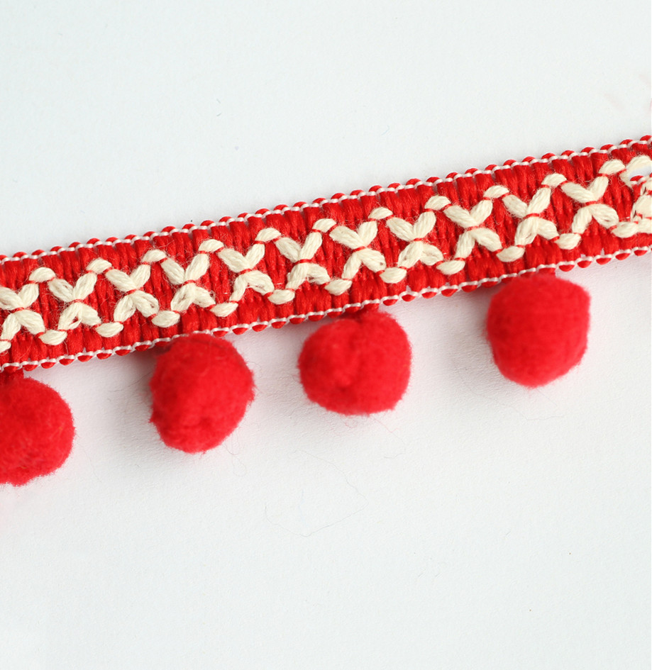 Red cotton pompom fringe trim for garments decoration